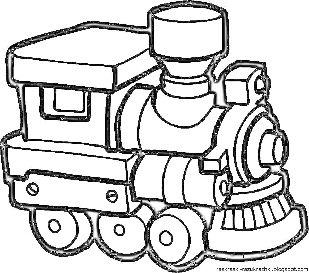 Раскраска Черно-белый рисунок паровоза с деталями кабин и колес