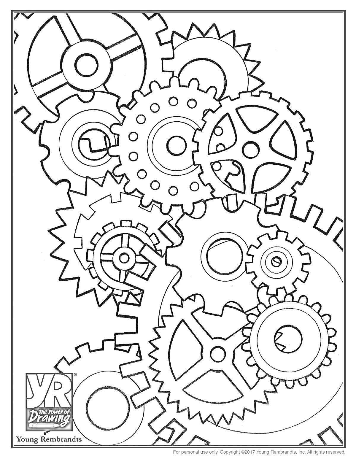 Раскраска Механизм с шестернями и зубчатыми колесами