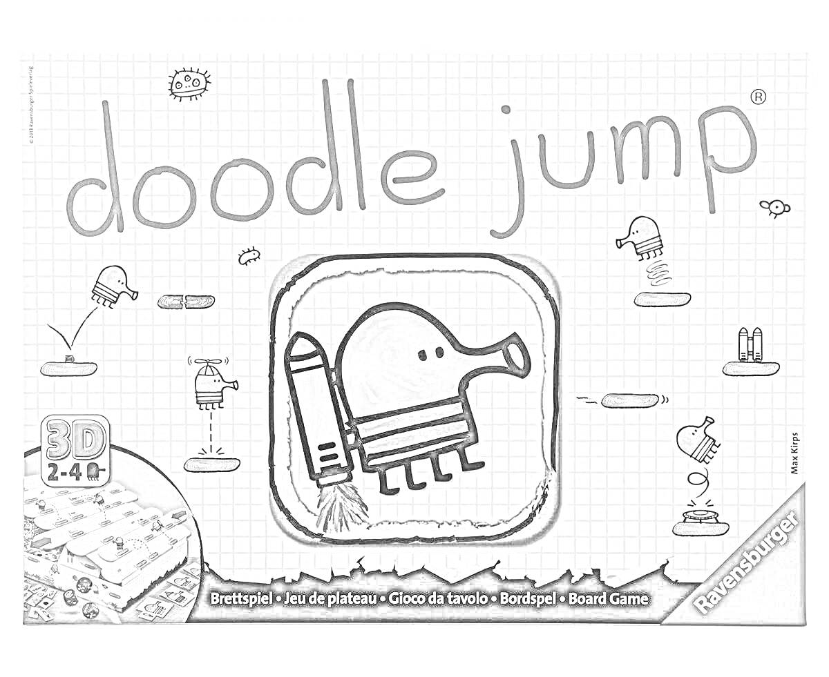 На раскраске изображено: Doodle Jump, Настольная игра, Дудл, Платформы, Электроприборы