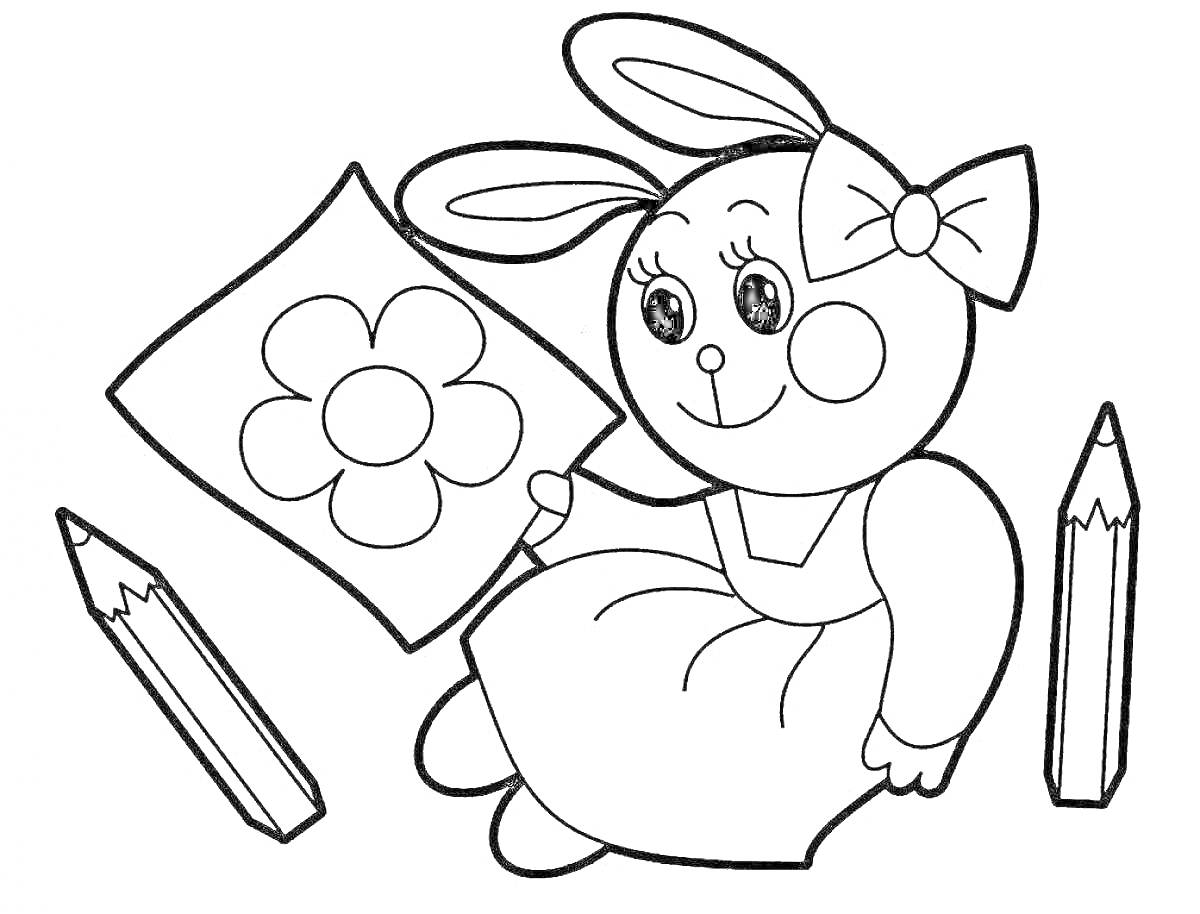 На раскраске изображено: Кролик, Девочка, Лист бумаги, Карандаши, Для малышей