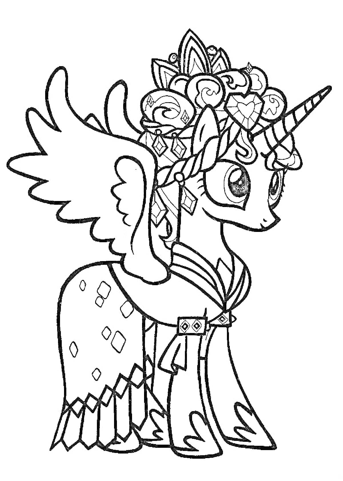 Раскраска Пони Каденс с рогом, крыльями, и украшениями на голове и теле