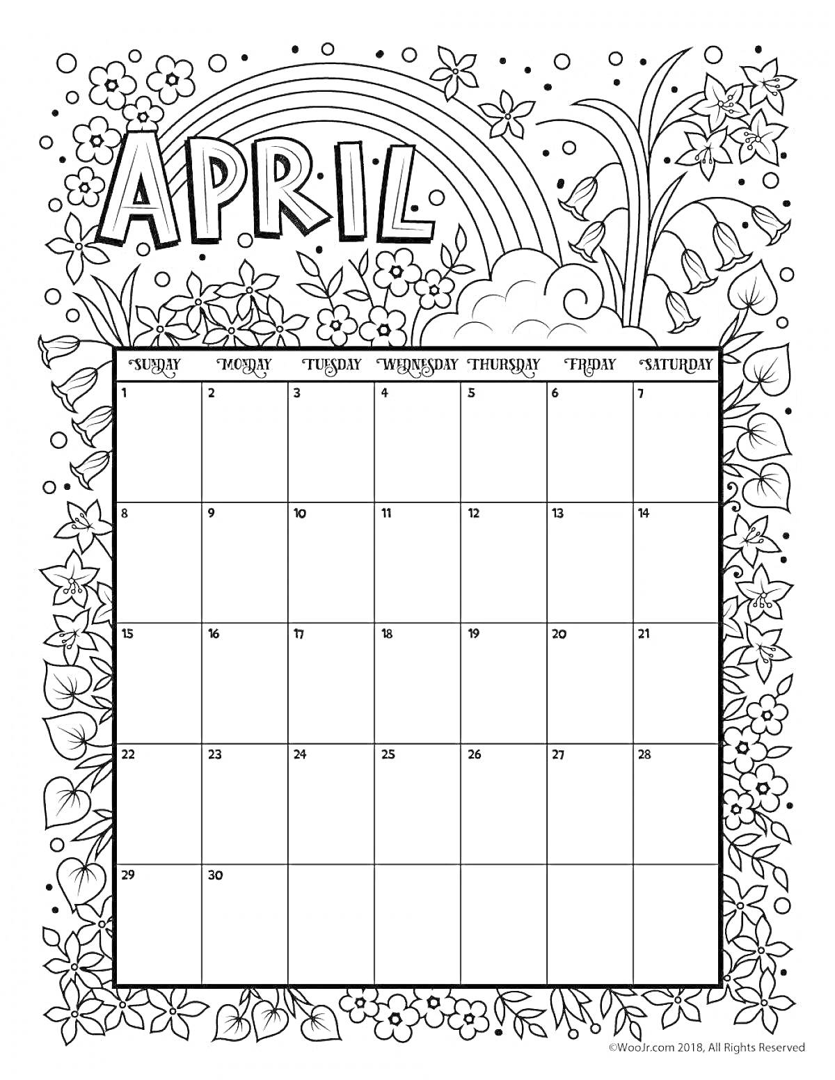 На раскраске изображено: Апрель, Календарь, Цветы, Весна