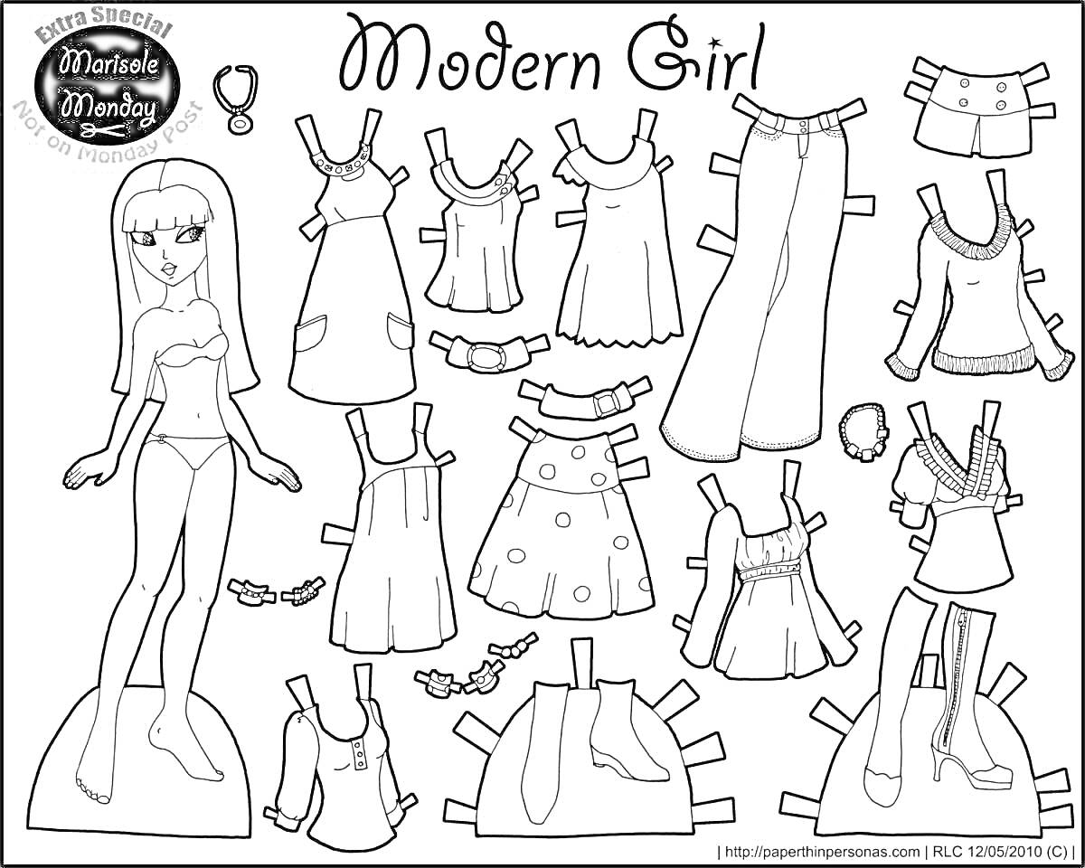 Бумажная кукла с одеждой - девочка, платья, юбка, брюки, кофточки, шорты, обувь, аксессуары