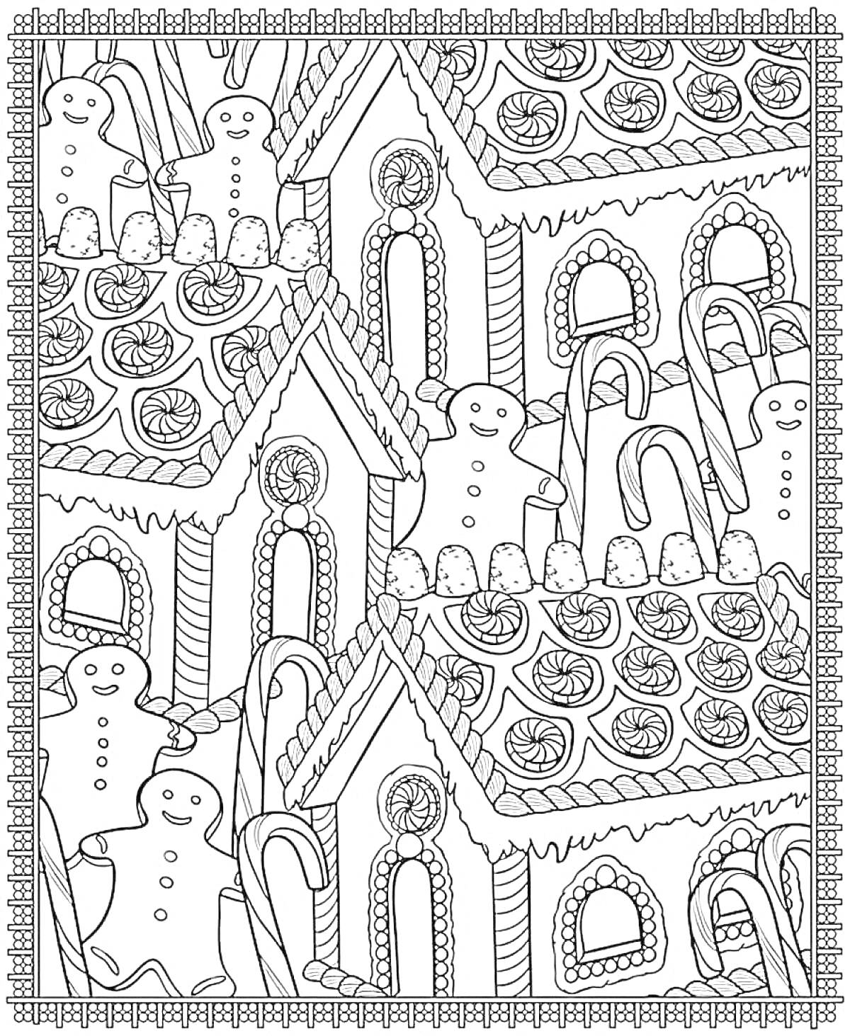 Домики из пряничного теста с леденцами, имбирными пряниками, карамельными тростями и конфетами