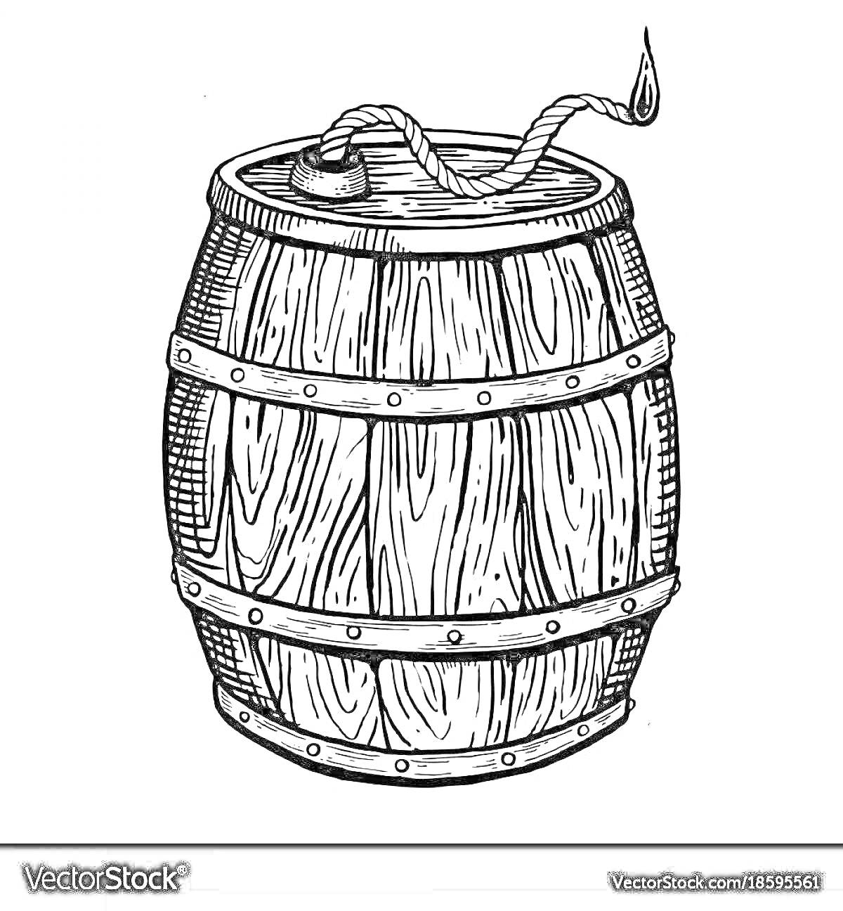 На раскраске изображено: Бочка, Крышка, Веревка, Контейнер