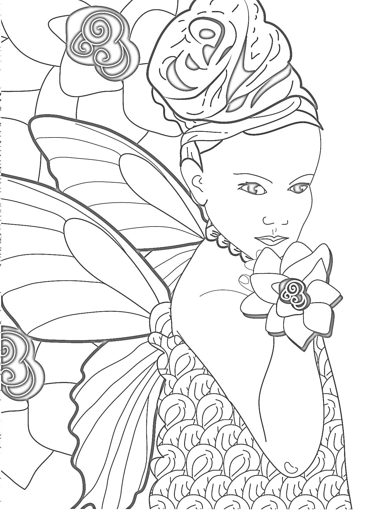 Раскраска Фея с цветами, крыльями и узорами на платье и платке