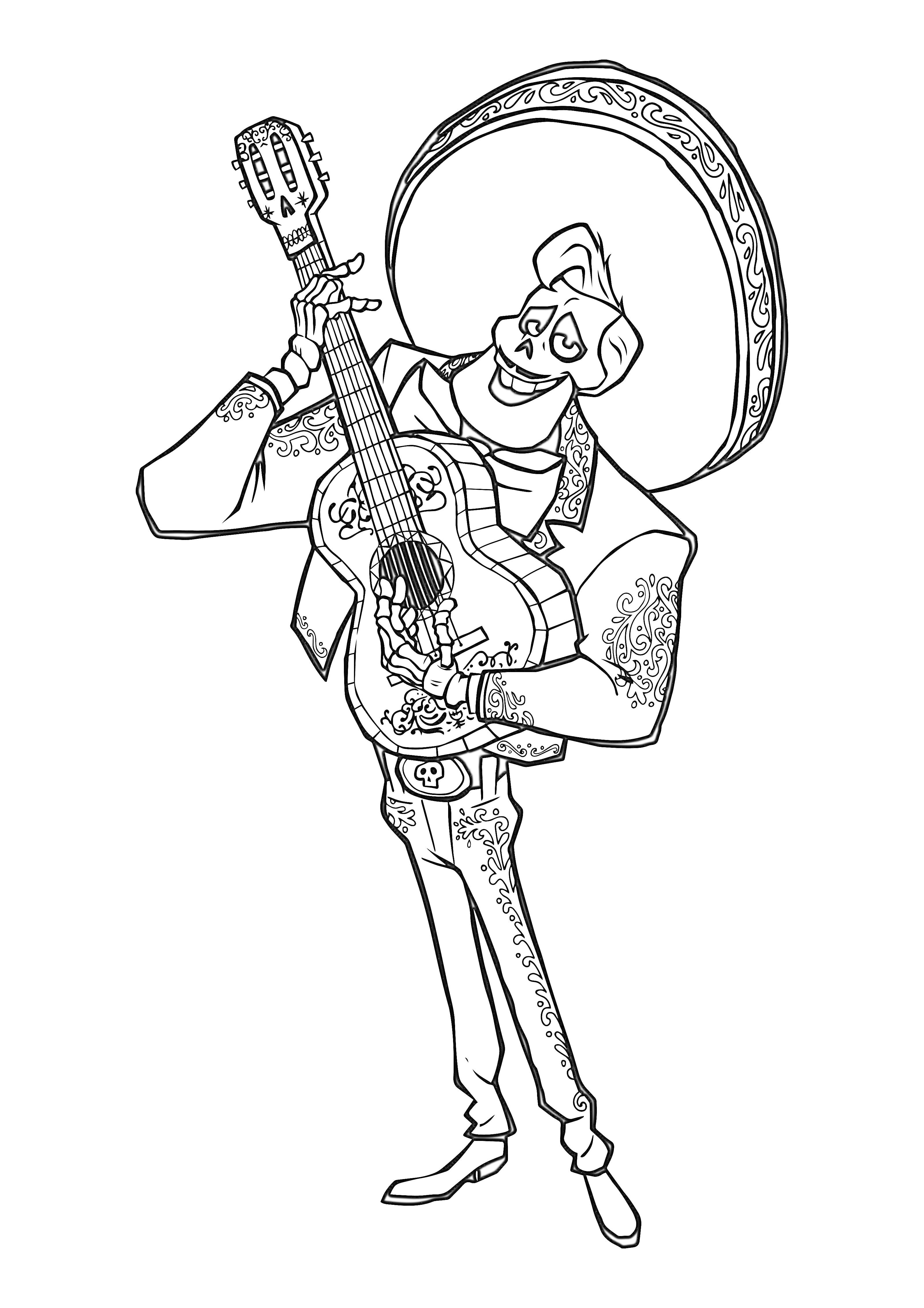 Раскраска Скелет в сомбреро играет на гитаре