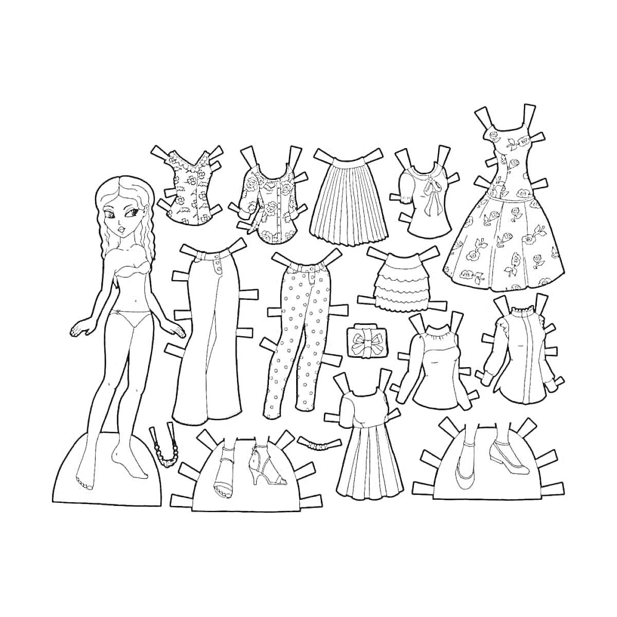 Раскраска Утка Лалафанфан с гардеробом для вырезания - 14 нарядов (5 топов, 1 юбка, 1 платье, 2 пары брюк, 2 пары шорт, 1 юбочный комбинезон, 1 платье-сарафан, 1 сумка, 1 пара обуви)