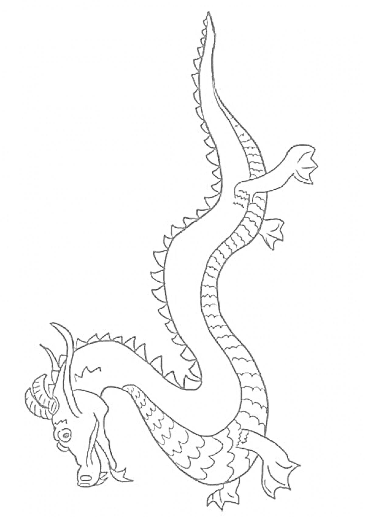 Раскраска Китайский дракон с длинным изгибающимся телом, чешуйками, рогами и лапами