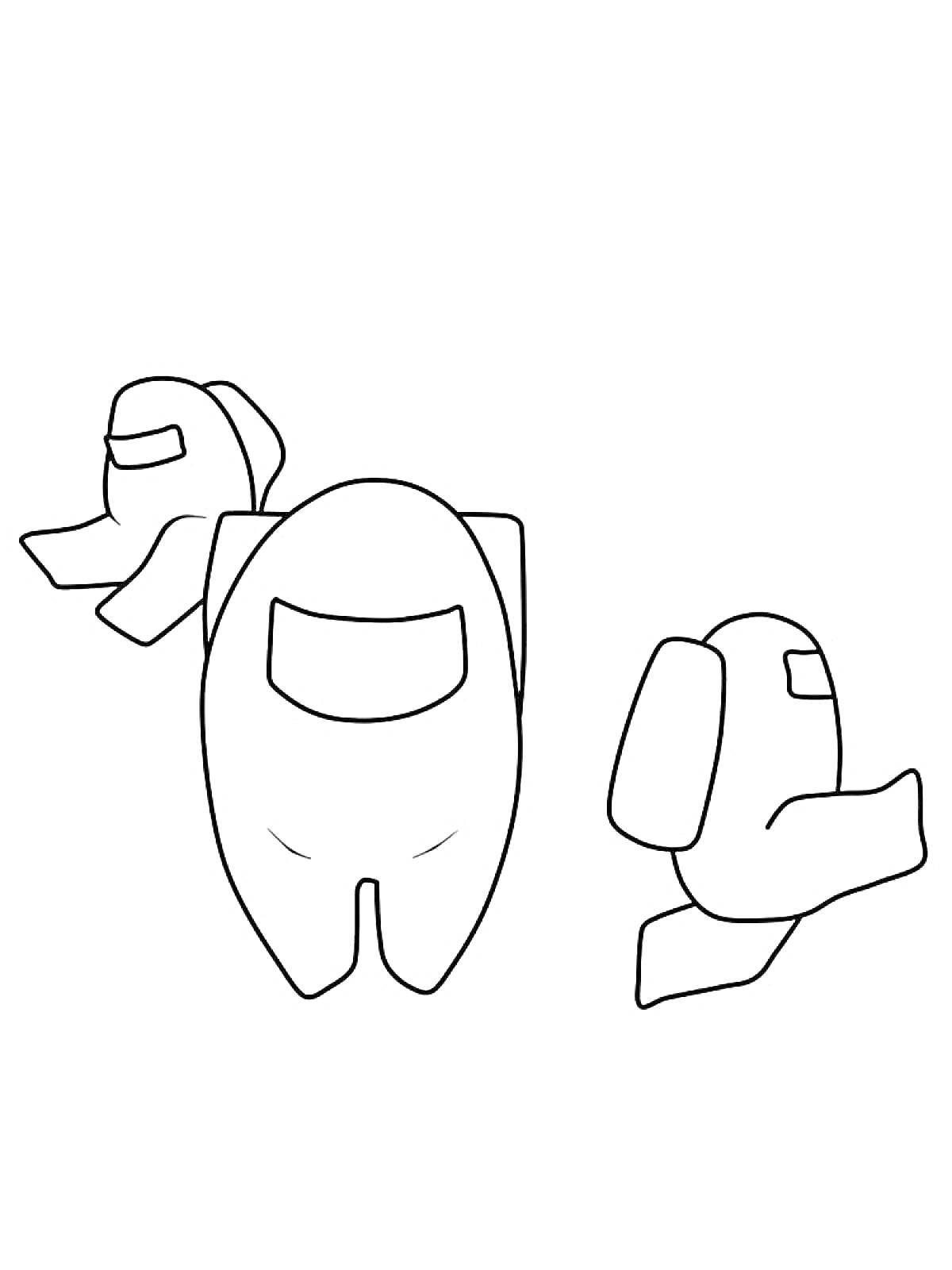 Три персонажа Амонг Ас с рюкзаками и иллюминаторами шлемов
