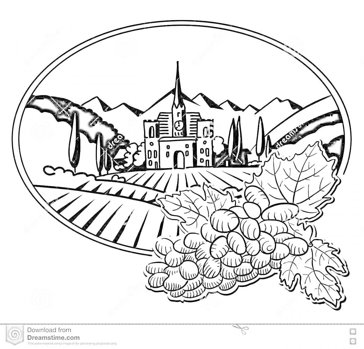 На раскраске изображено: Грузия, Замок, Горы, Виноград, Виноградные лозы, Природа, Сельская местность, Архитектура