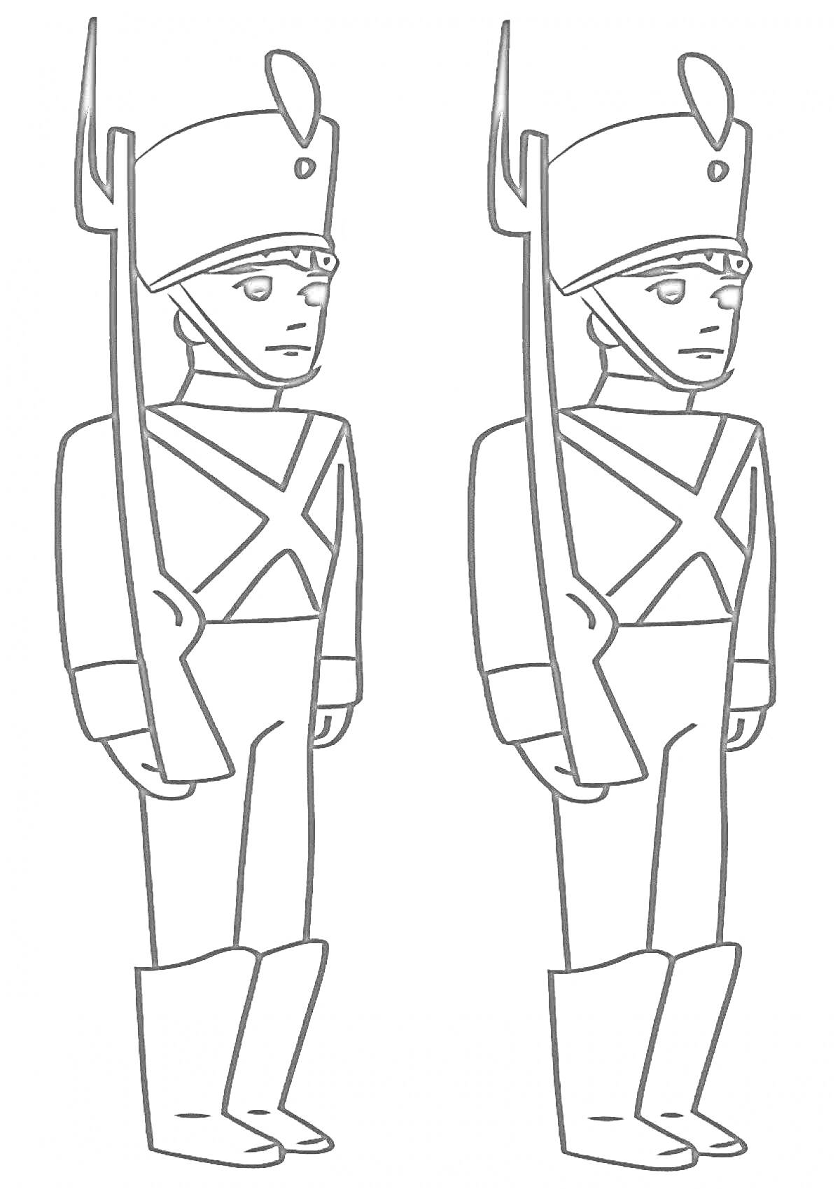 Раскраска Два оловянных солдатика с винтовками, в форме с X-образными ремнями и шлемах