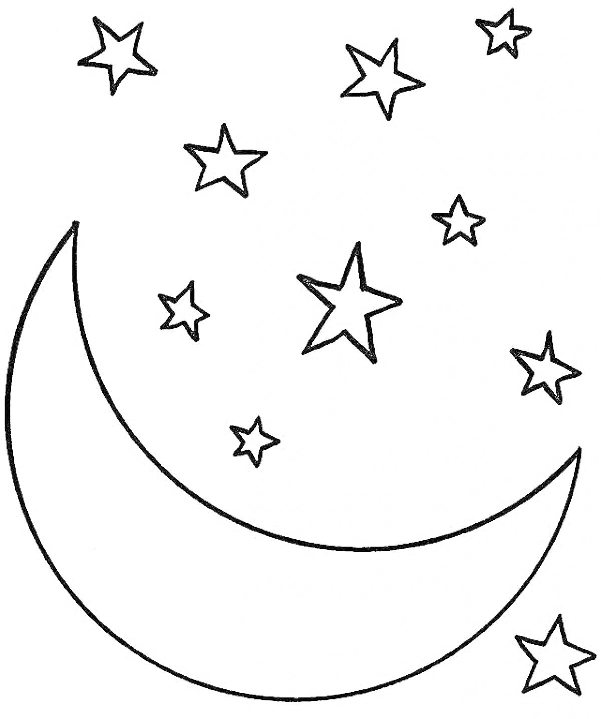 На раскраске изображено: Луна, Полумесяц, Звезды, Ночь, Небо, Космос