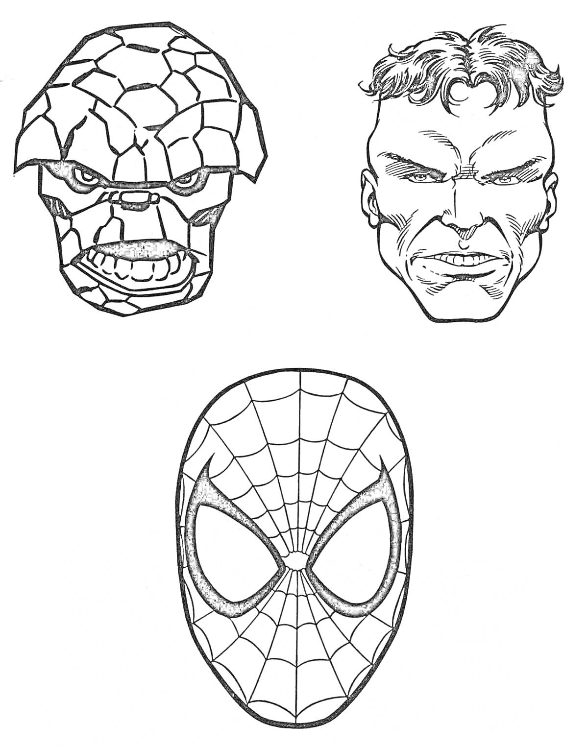 Раскраска Маска человека-паука и две головы супергероев (человек с каменной кожей и человек с короткими волосами и агрессивным выражением лица).