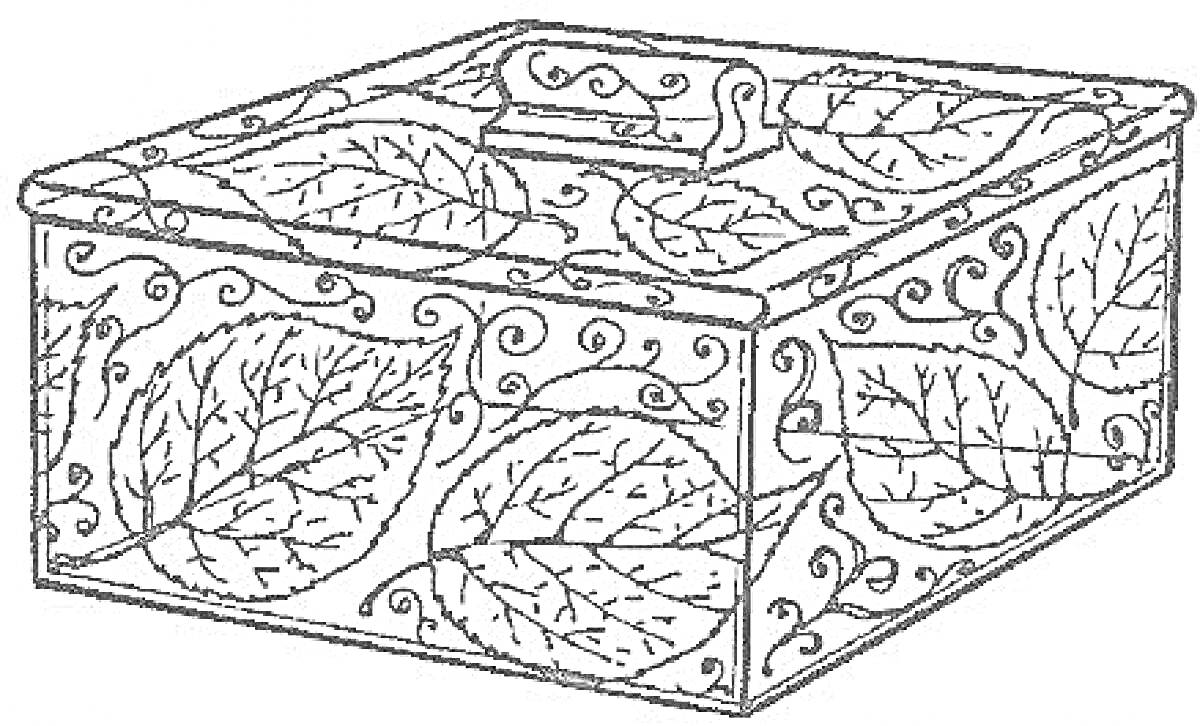 Раскраска шкатулка с листьями и завитками на крышке и боках