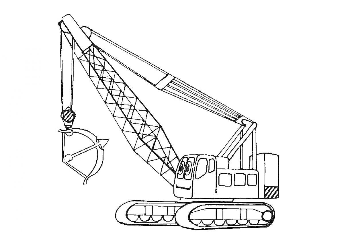Раскраска Башенный кран с гусеничным ходом и гигантским ковшом