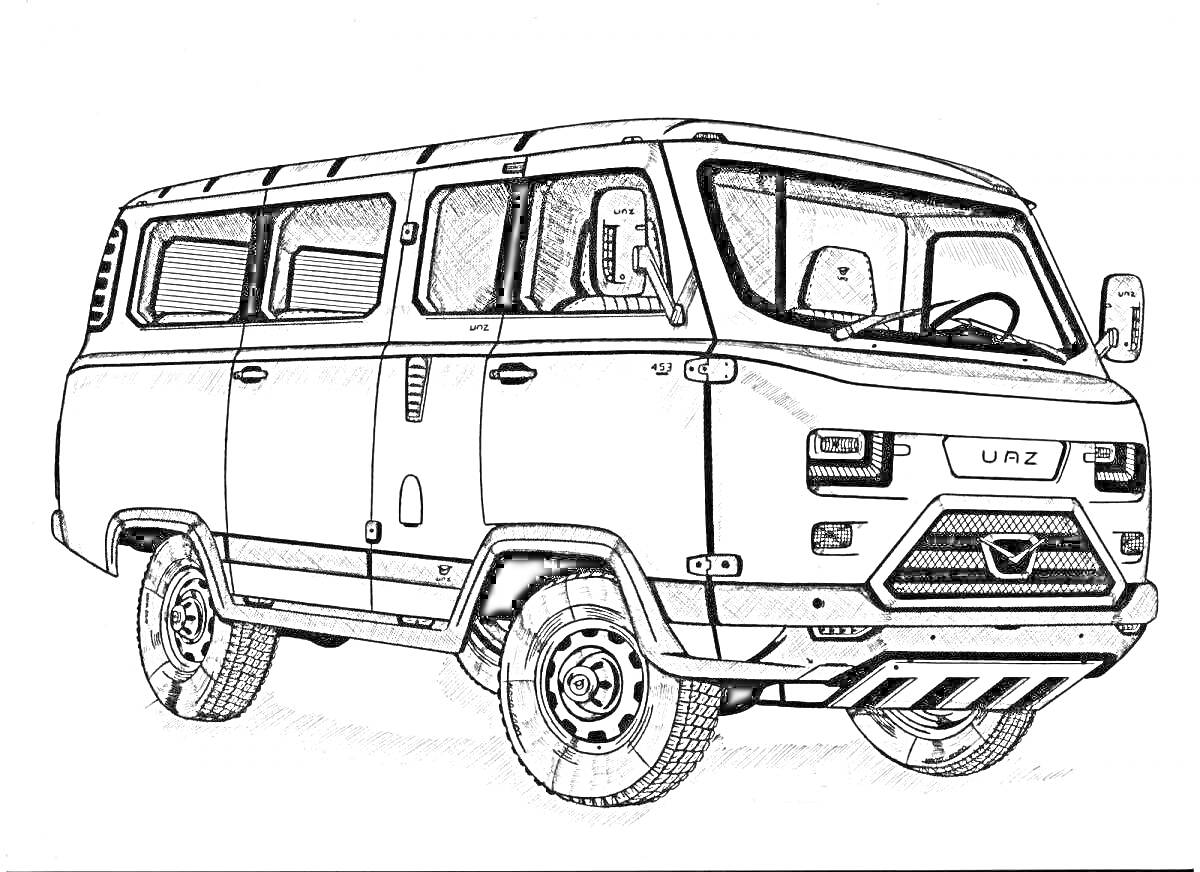 На раскраске изображено: Буханка, Транспорт, УАЗ, Микроавтобус, Ретро, Советский, Колёса, Окна, Фары