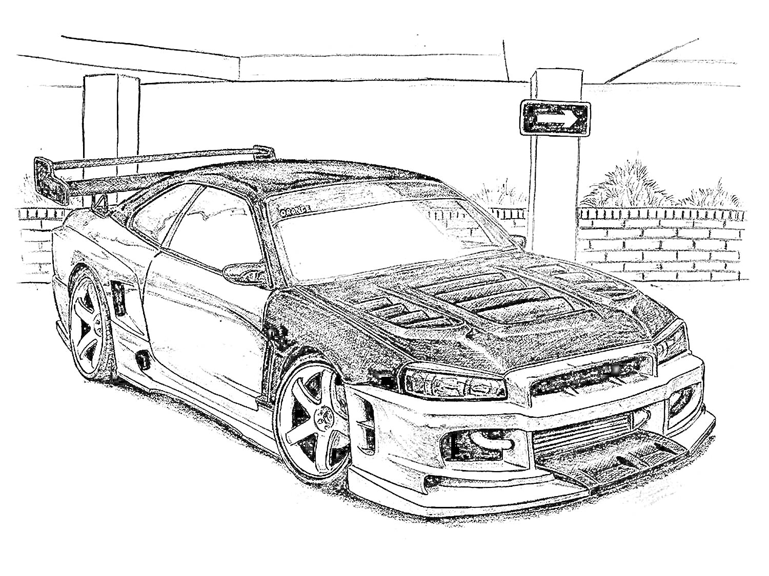 Раскраска Nissan Skyline R34 на парковке с кирпичной стеной и указателем