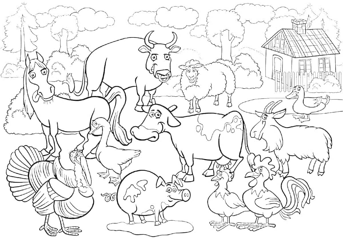 На раскраске изображено: Ферма, Домашние животные, Лошадь, Бык, Козел, Петухи, Индюк, Утка, Гуси, Дом, Деревья, Природа, Петух