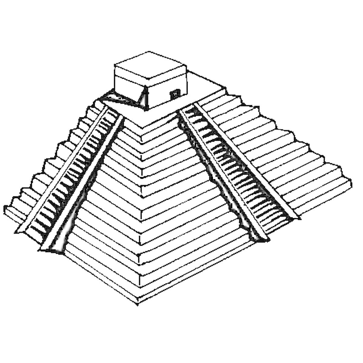 Раскраска Ступенчатая пирамида с лестницами и храмом на вершине