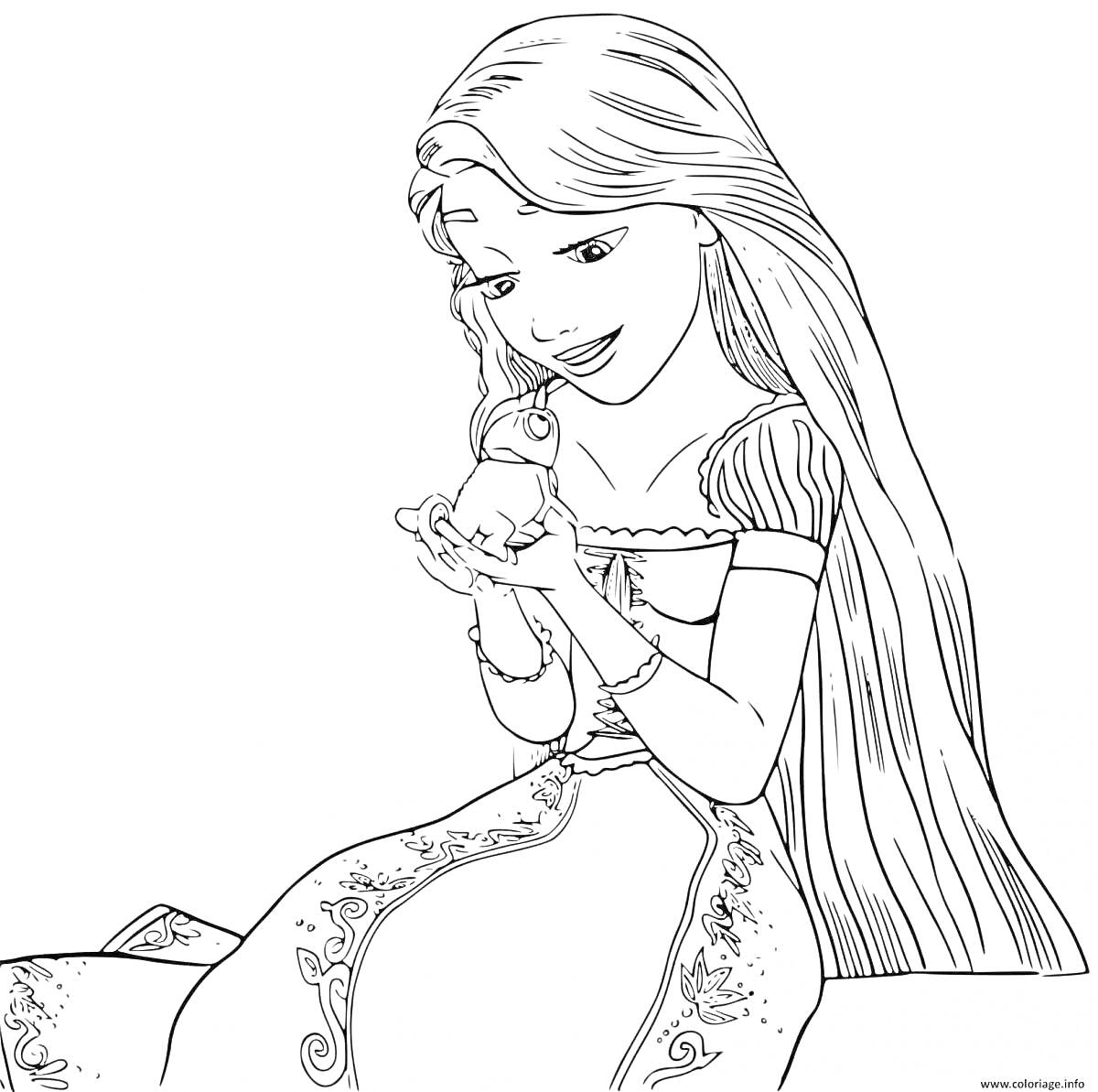 Раскраска Рапунцель держит в руках небольшого хамелеона