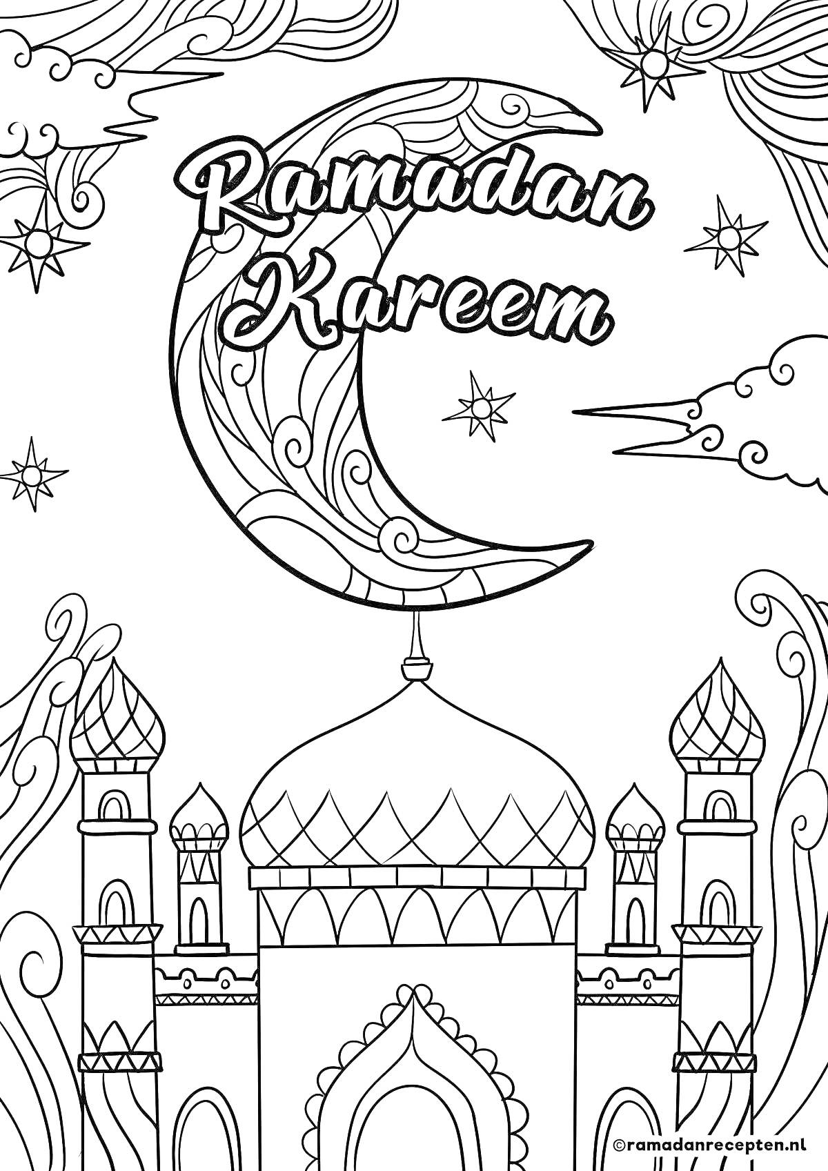 Раскраска рамадан карим с полумесяцем, звёздами и мечетью