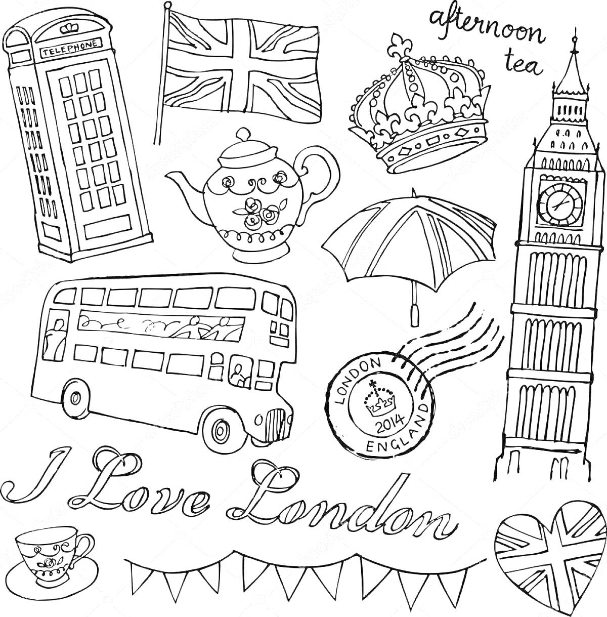 Раскраска телефонная будка, флаг Великобритании, корона, чайник, надпись 