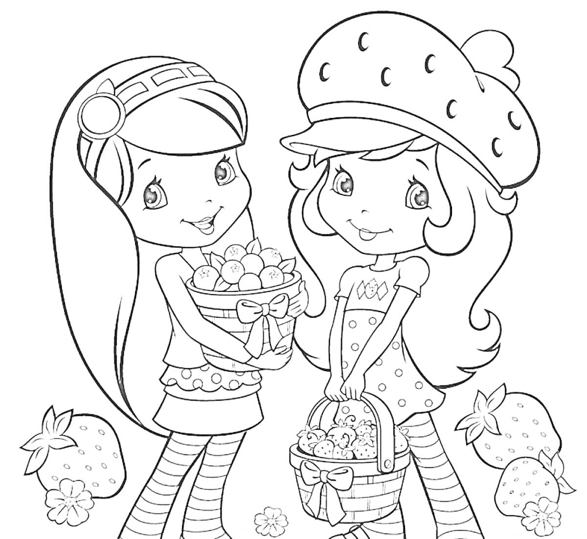 Раскраска Две девочки в полосатых чулках держат корзины с клубникой, вокруг лежат клубники и цветы