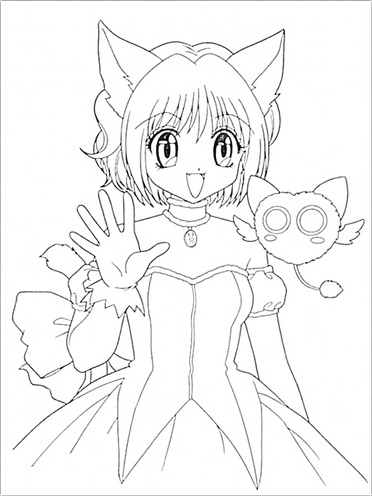 Раскраска Аниме девочка с кошачьими ушками в платье и летающий котик