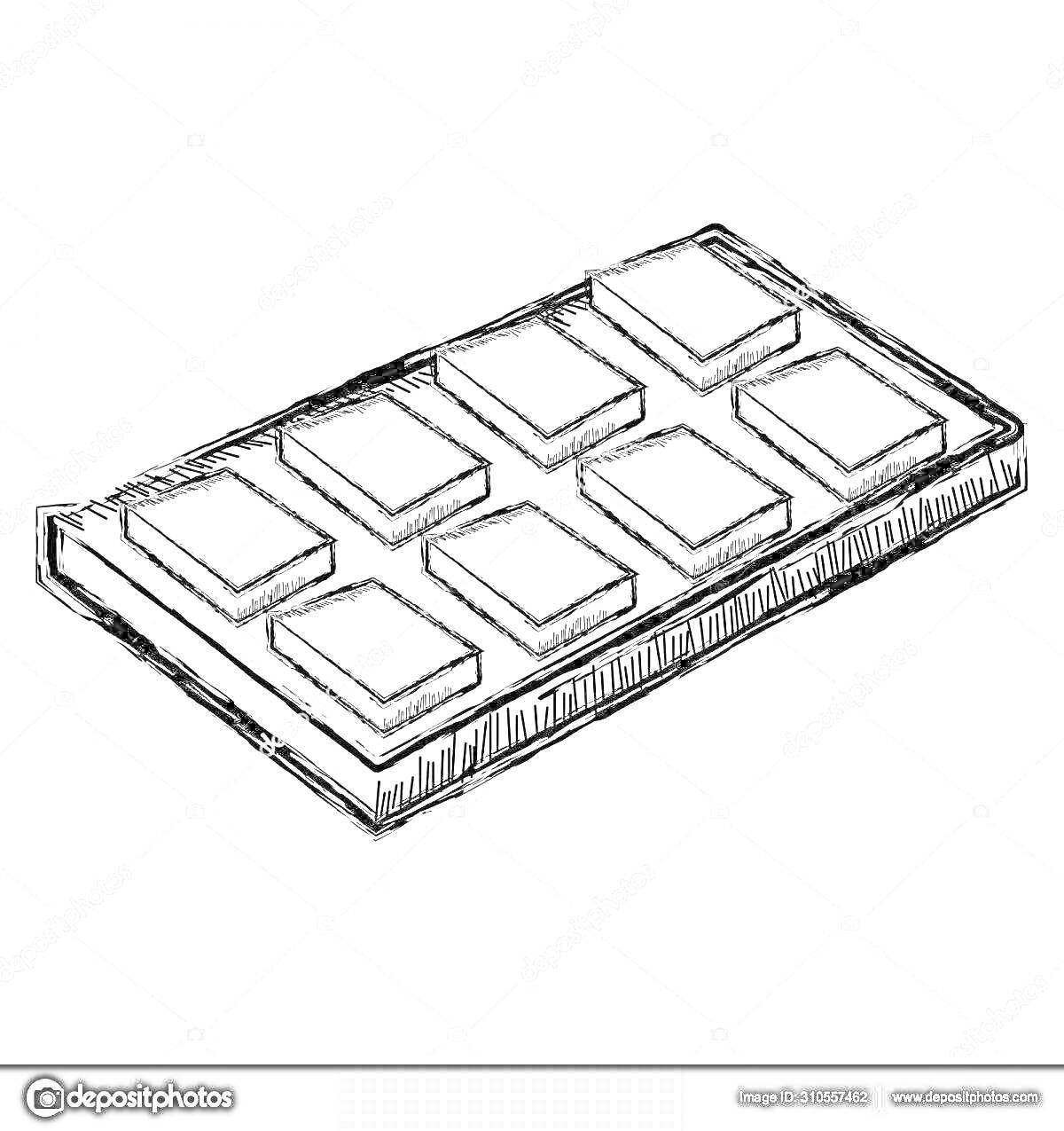 Раскраска Плитка шоколада с восемью прямоугольными дольками на белом фоне