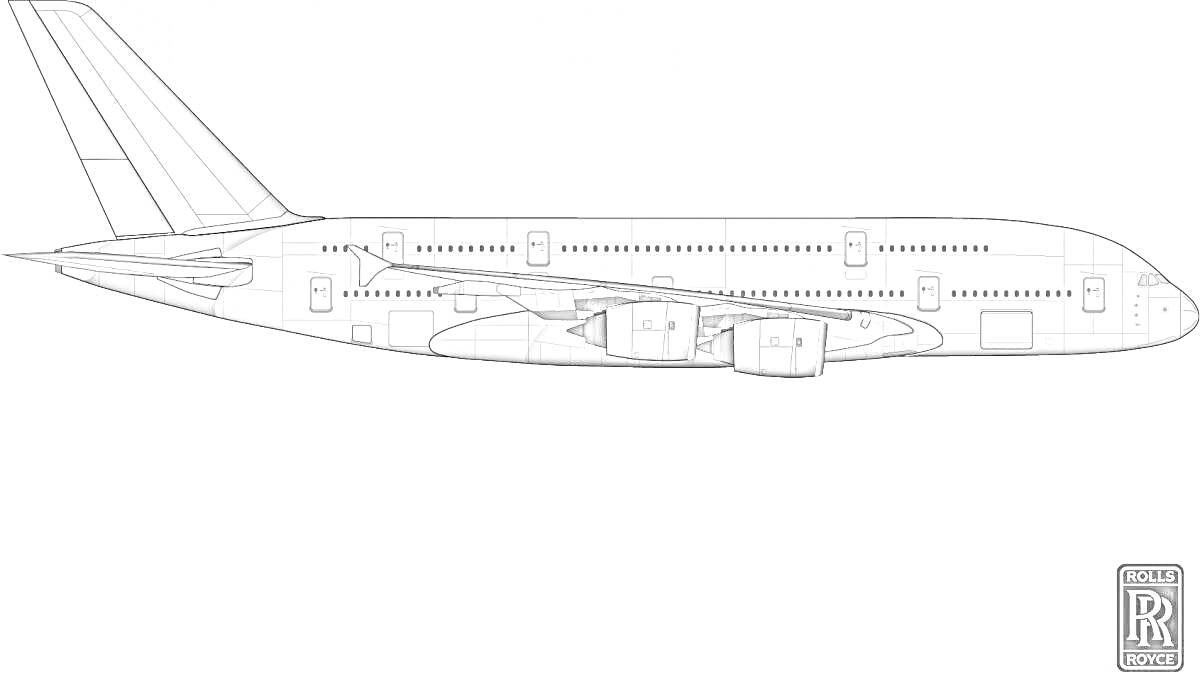 Раскраска Двухэтажный самолет с четырьмя двигателями справа, логотип Rolls-Royce внизу справа