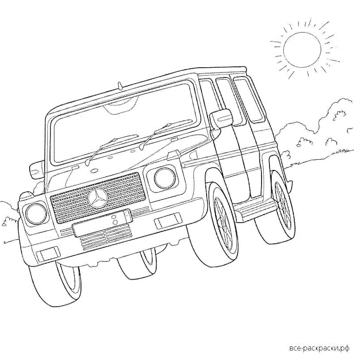 На раскраске изображено: Внедорожник, Солнце, Облака, Колеса, Авто, Гелендваген, Машины