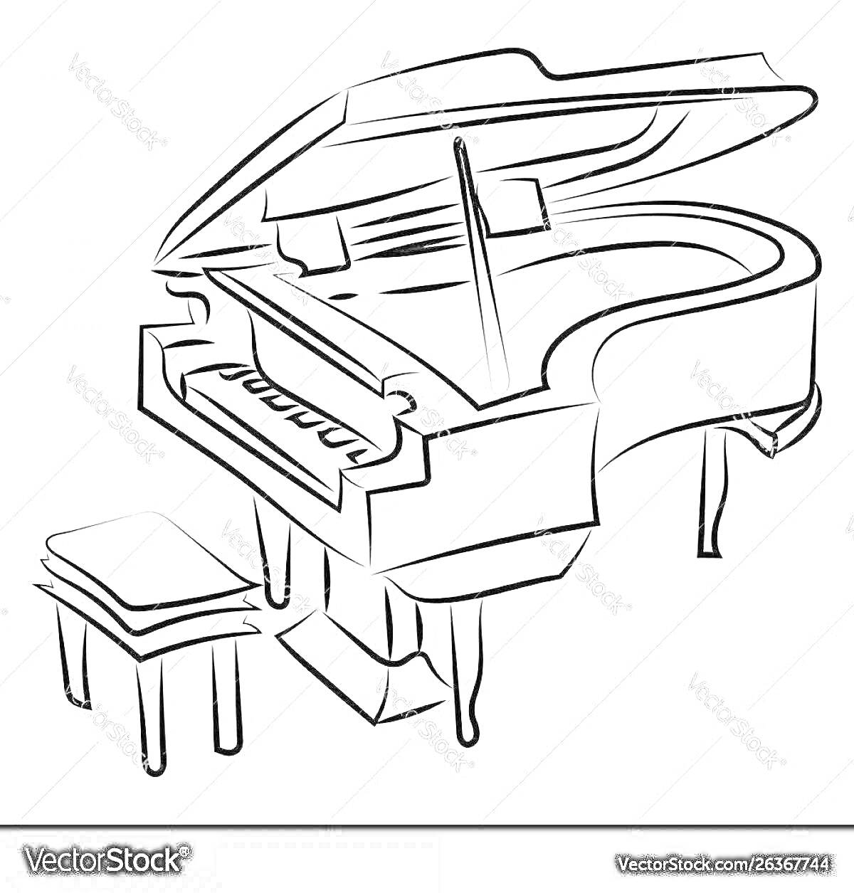 На раскраске изображено: Рояль, Табурет, Фортепиано, Музыка, Линии, Музыкальные инструменты