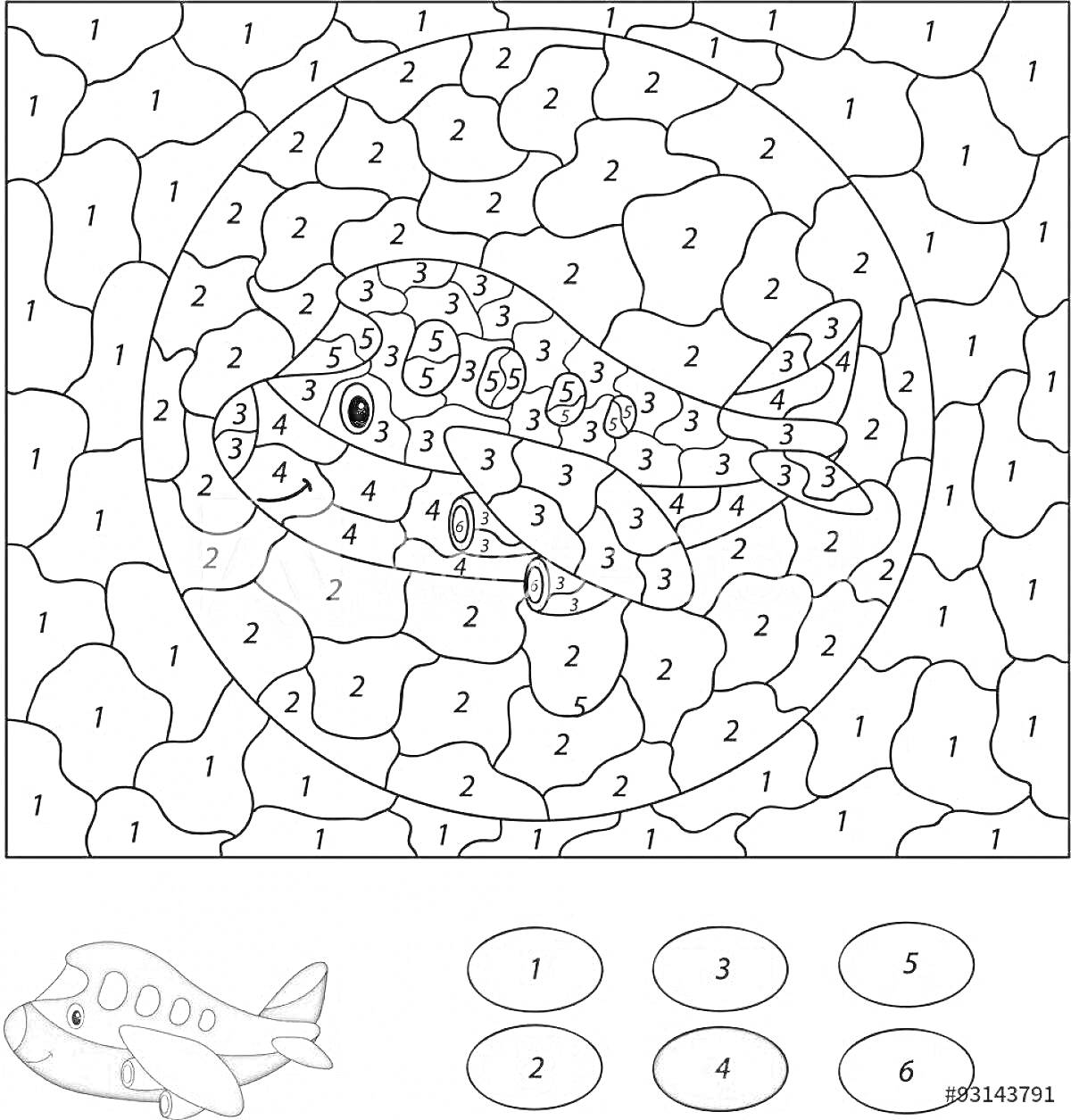 Раскраска Раскраска по номерам с изображением самолета и облаков