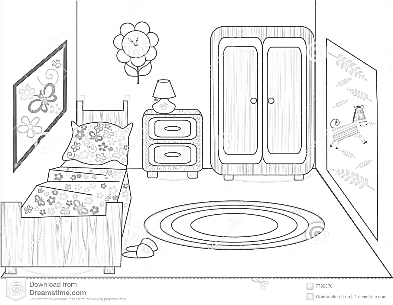 Раскраска Спальня для бумажных кукол с кроватью, тумбочкой, шкафом, ковриком, лампой, цветком, и изображением коня