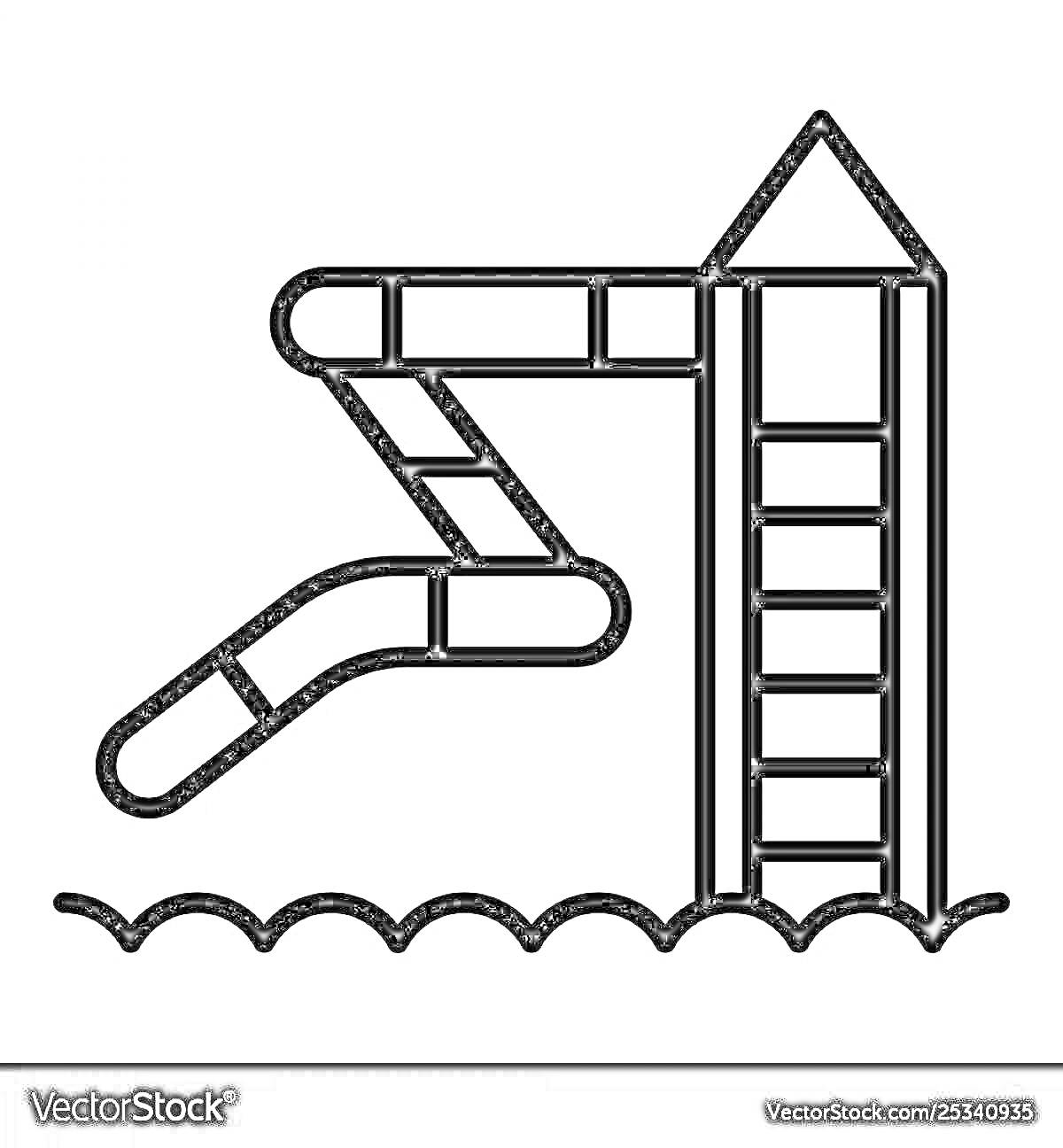 На раскраске изображено: Горка, Лестница, Бассейн, Волны, Водная горка