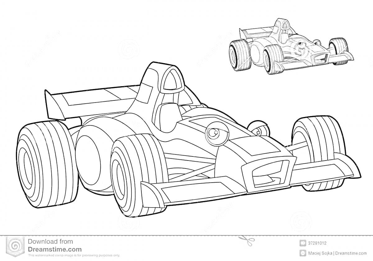 Раскраска Гоночная машина с одним большим окрашенным изображением и одним маленьким окрашенным изображением в правом верхнем углу
