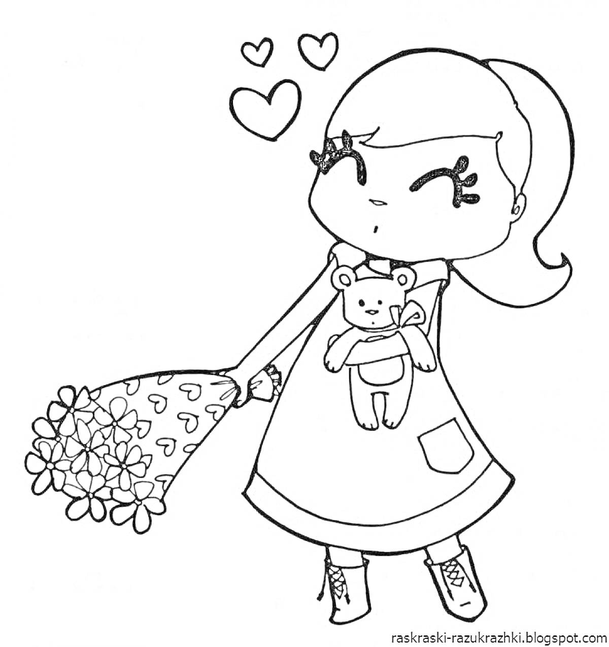 Раскраска Девочка с букетом цветов и плюшевым медведем