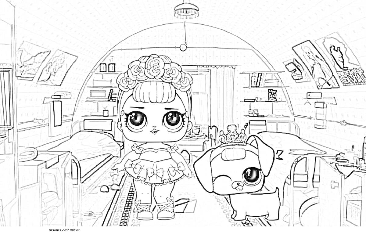Раскраска Кукла ЛОЛ в доме с питомцем, комнатой и полками