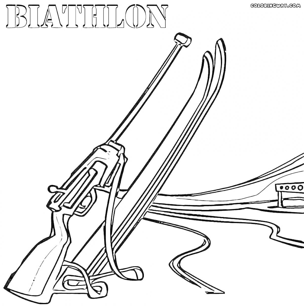 Раскраска Биатлон: винтовка, лыжи, стойки для мишеней