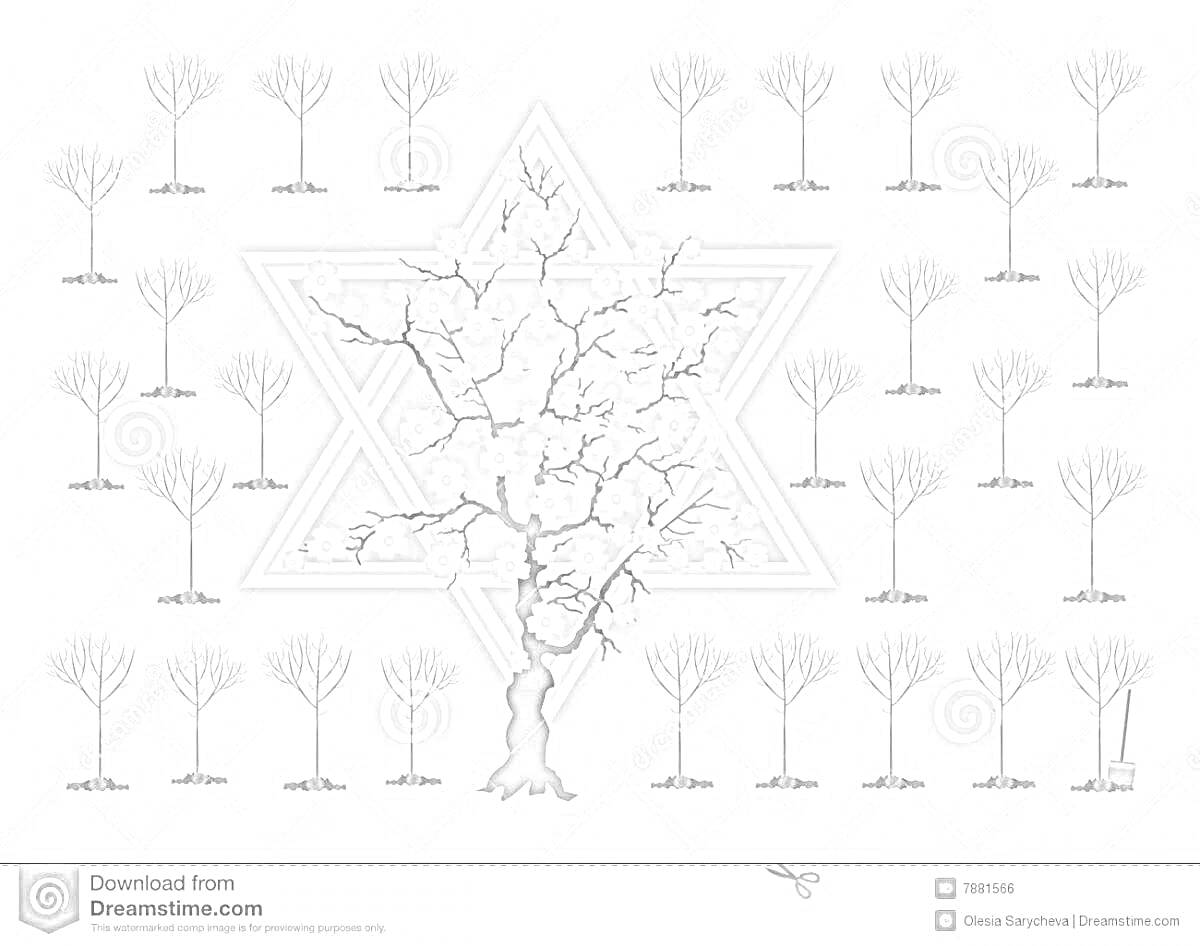 Раскраска Дерево в цвету на фоне звезды Давида и полупрозрачных деревьев
