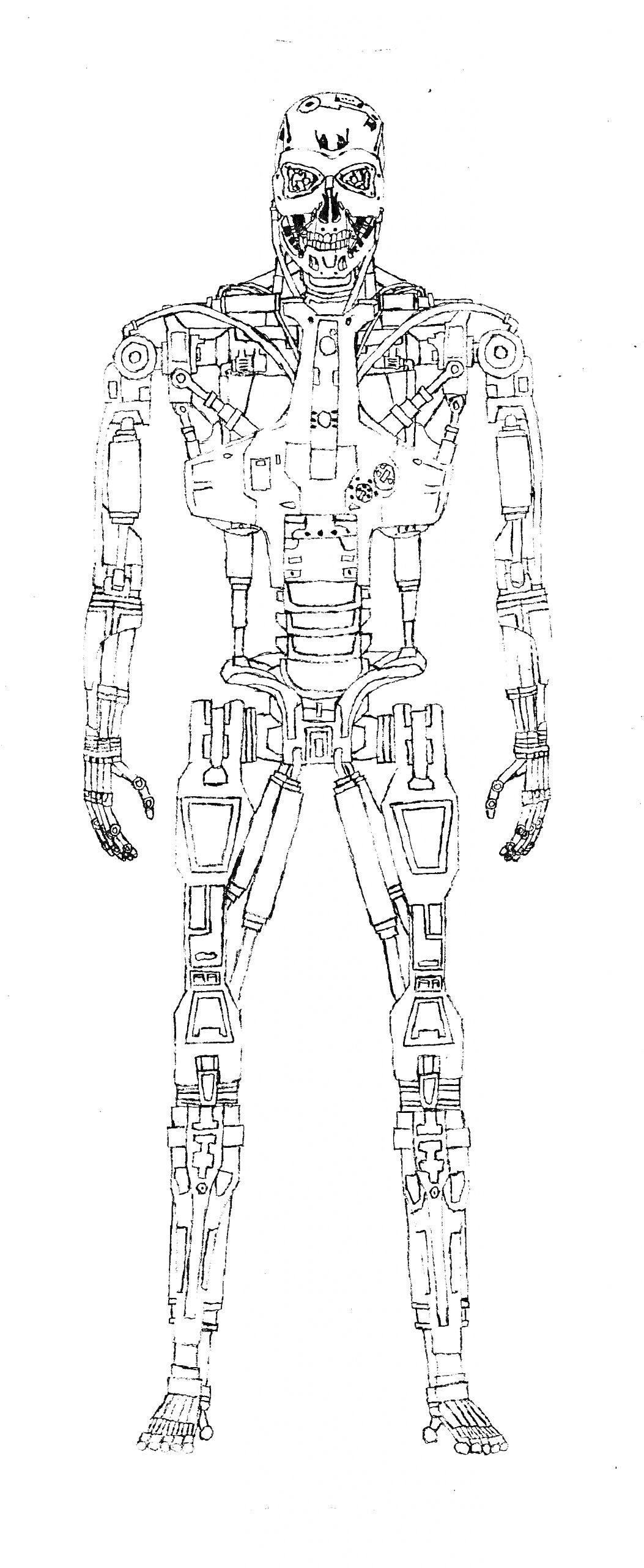 Раскраска Терминатор - Андроид с механическим скелетом и деталями