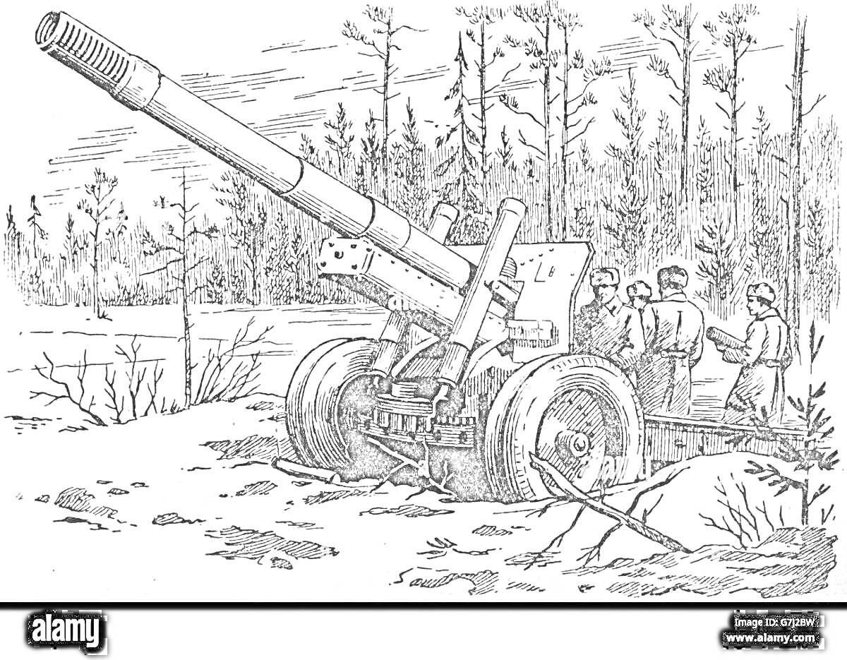 На раскраске изображено: Пушка, Артиллерия, Лес, Военные действия, Природа, Бой, Деревья