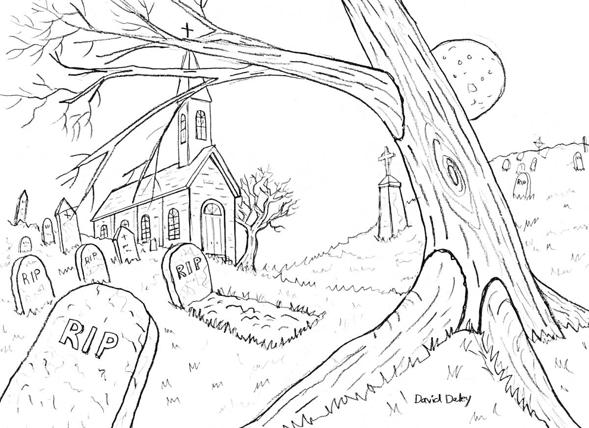Раскраска Кладбище с могилами, церковью, деревьями и луной