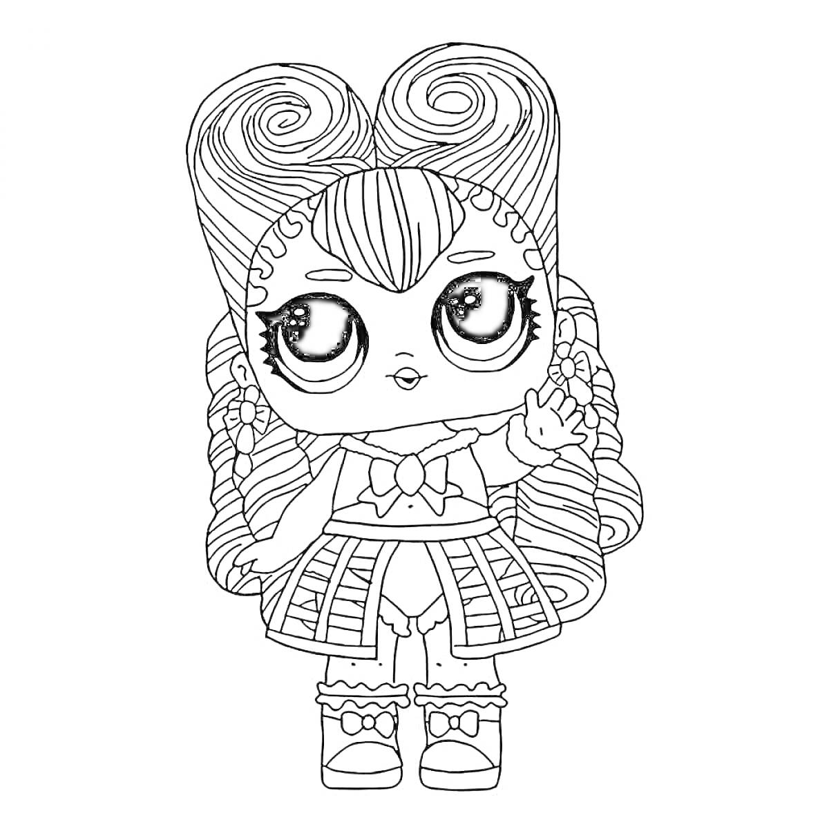Раскраска Кукла ЛОЛ с длинными волосами и бантиком, поднятой рукой, юбкой с узорами и башмаками с пряжками