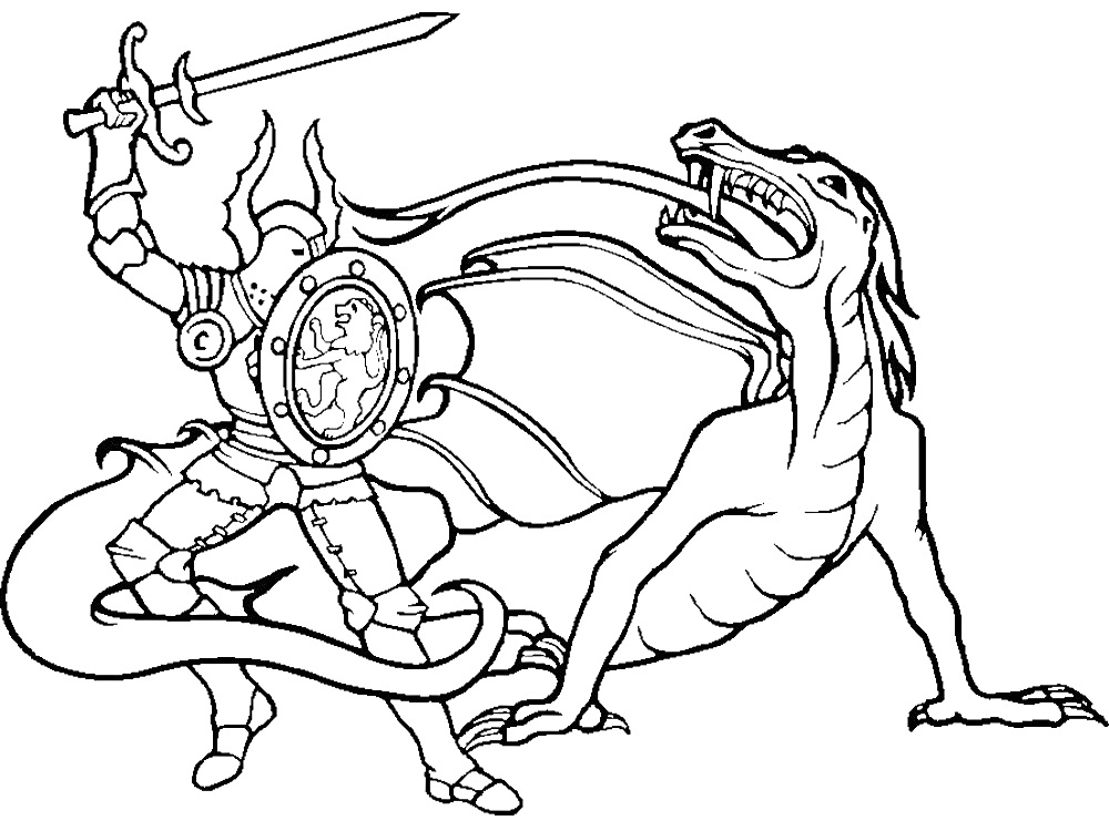 Раскраска Рыцарь с мечом и щитом сражается с драконом