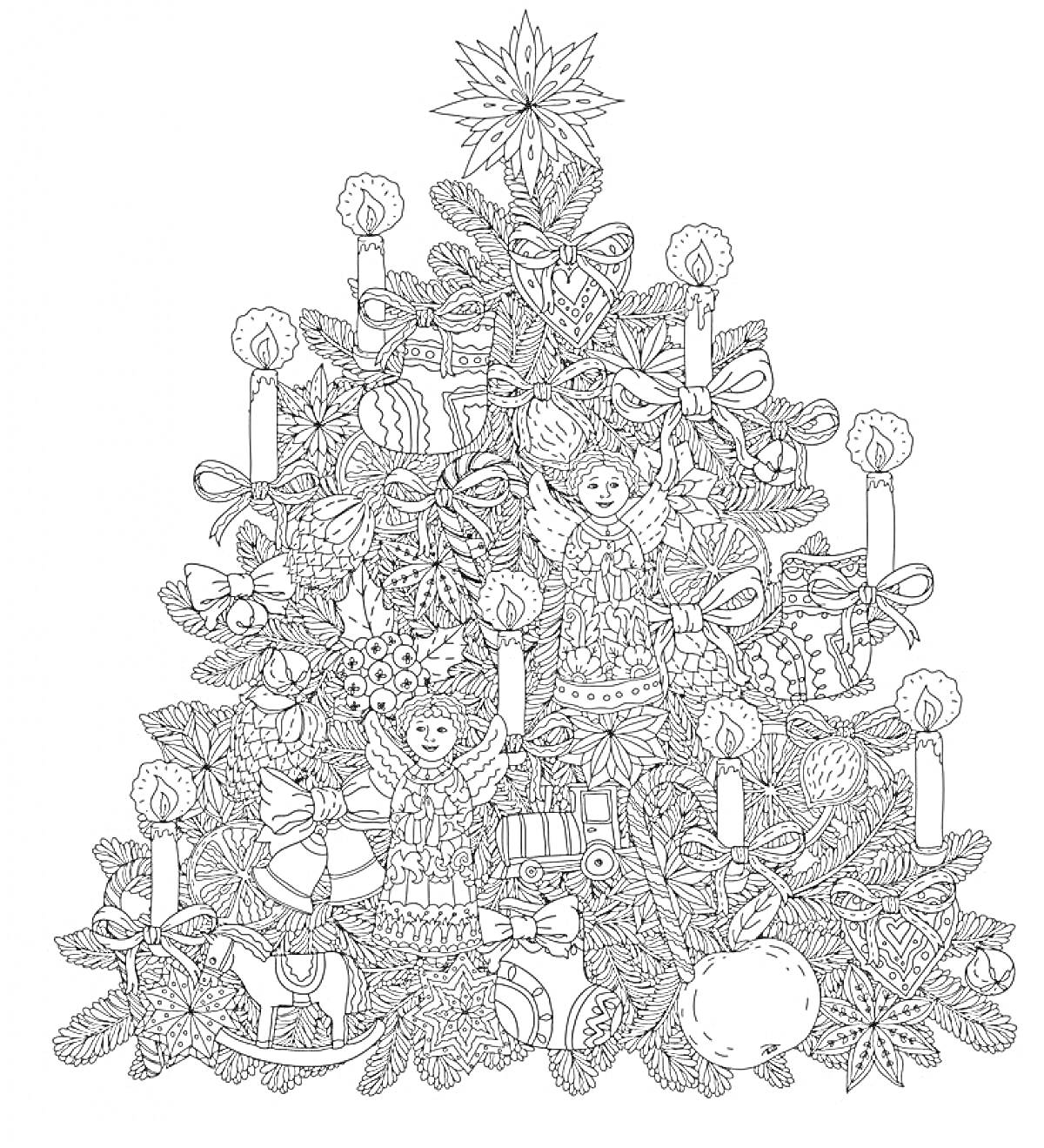 Раскраска Некоторые элементы на новогодней ёлке включают ангелов, свечи, ленты, игрушки, листва, бант, шишки, подарки и звезду.