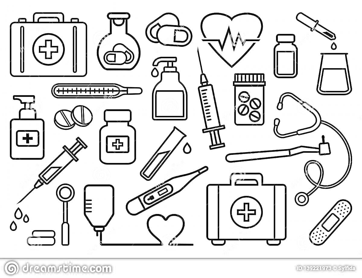 Раскраска Медицинские принадлежности — аптечка, колба, таблетки, капельница, шприц, стетоскоп, термометр, бутылка, сердечный монитор, лейкопластырь