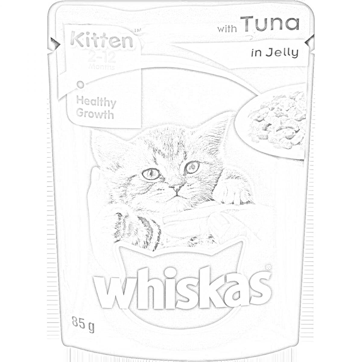 Раскраска пакет корма для котят Whiskas с изображением котенка и тарелки пищи на сером фоне