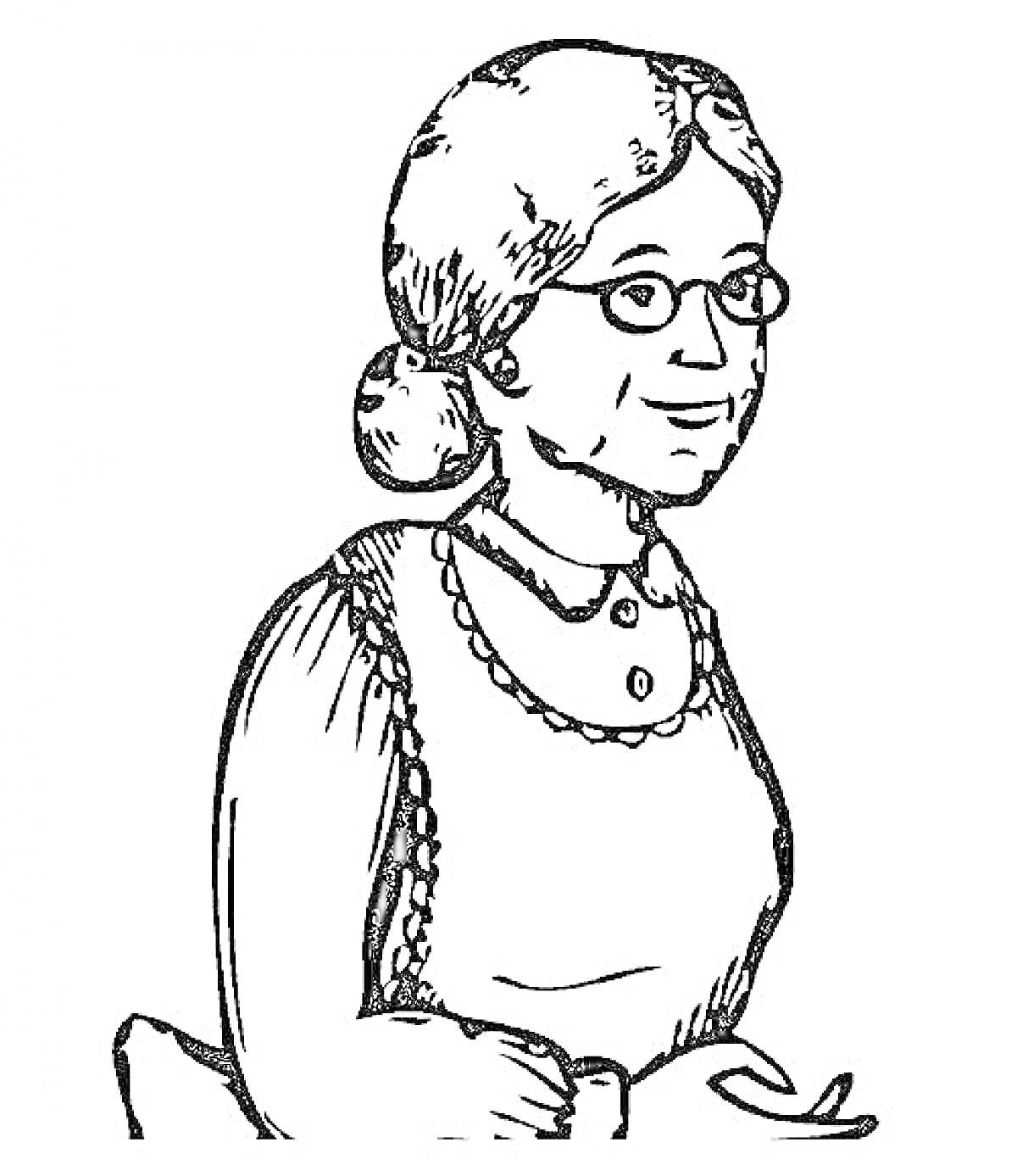 Раскраска Портрет бабушки в очках с косынкой и фартуком